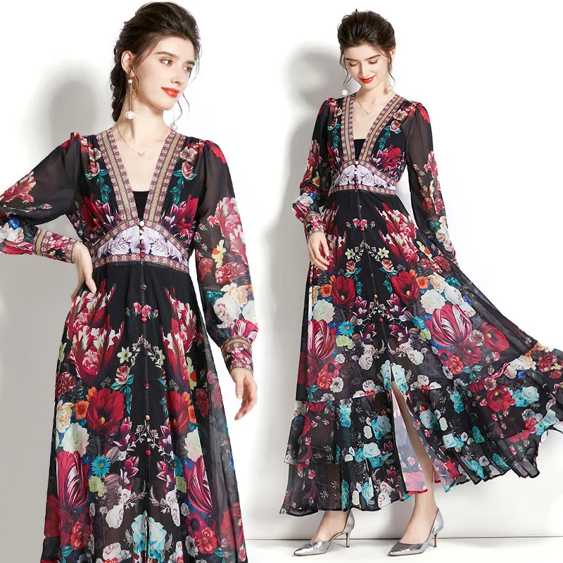 Chiffon dress in spring and summer with long sleeves deep V-neck lantern sleeves, wavy edge wide swing print Black
Chiffon dress in spring and summer with long sleeves deep V-neck lantern sleeves, wavy edge wide swing print Black