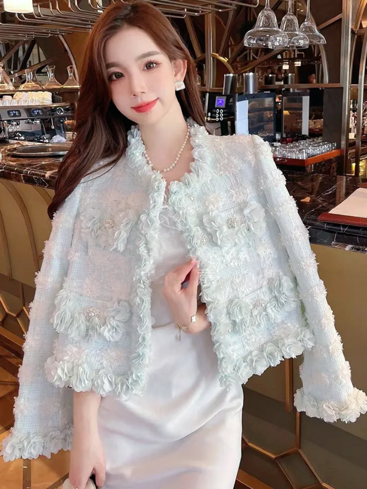 

2024 Autumn And Winter Fashion Small Fragrance Tweed Coat Women Celebrity Light Luxury 3D Flower Single Breasted Woolen Jacket C