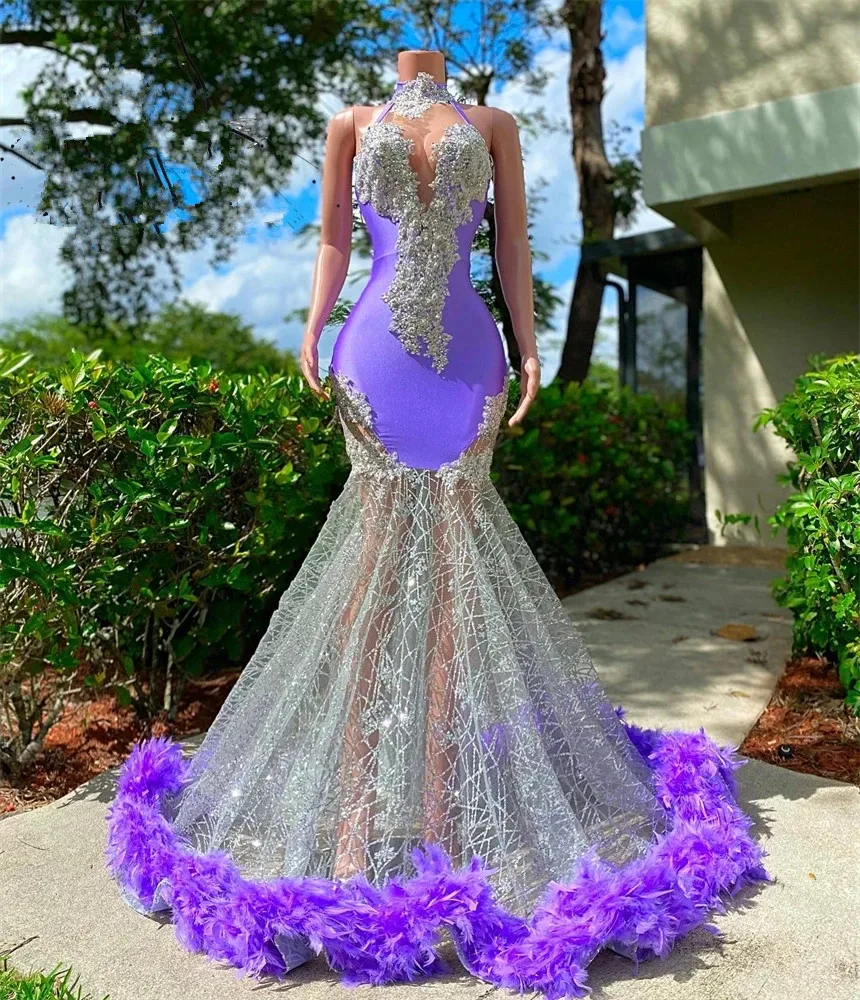 Lavender Lilac High Neck Long Prom Dresses For Black Girls Appliques Evening Gowns Feathers Birthday Party Gown Robe De Bal
Lavender Lilac High Neck Long Prom Dresses For Black Girls Appliques Evening Gowns Feathers Birthday Party Gown Robe De Bal