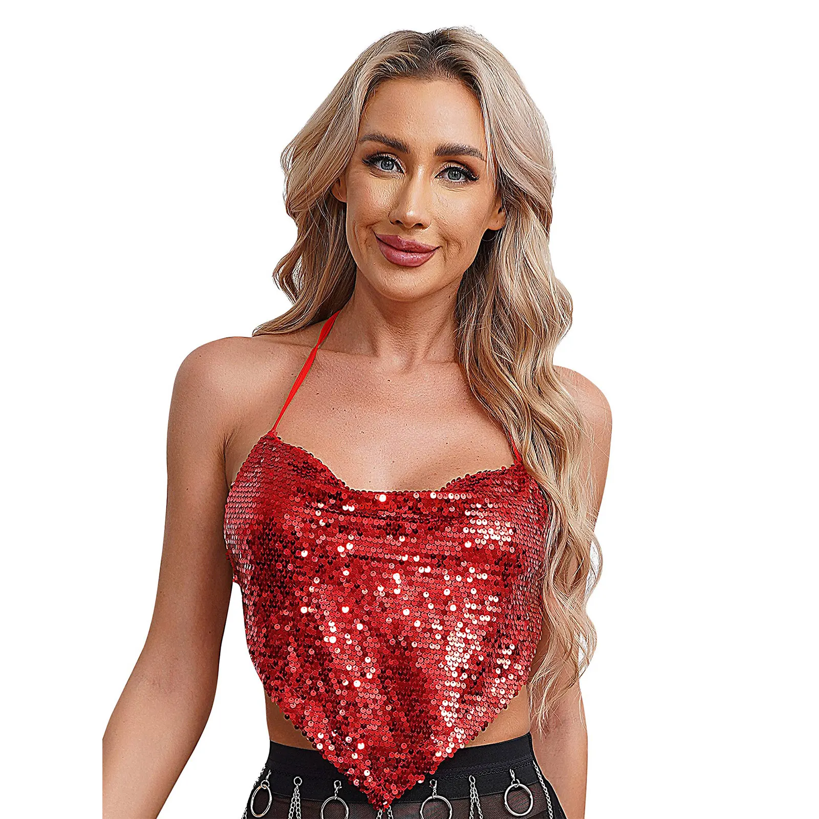 

Womens Glitter Sequin Draped Crop Top Backless Lace-Up Inverted Triangle Camisole Wrapped Chest Top for Club Party