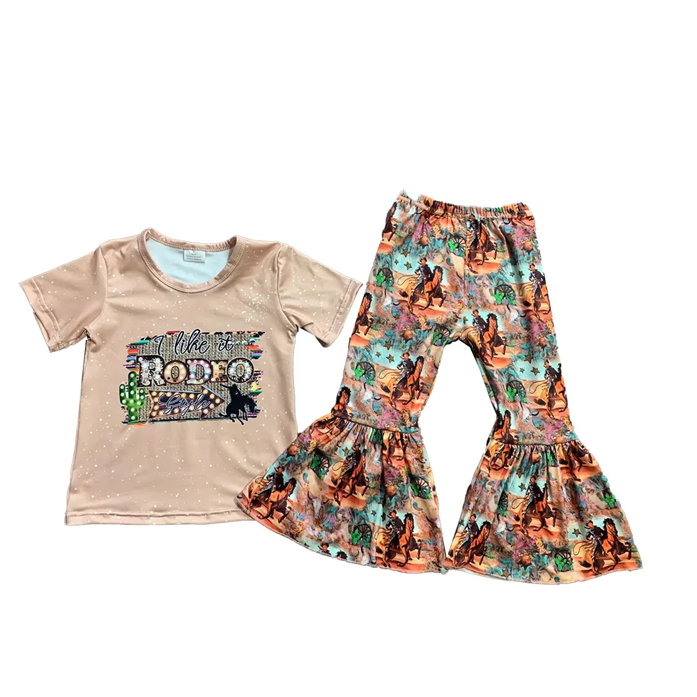 Wholesale Kids Outfits Rodeo Short Sleeve Top Cowboy Horses Bell Bottom Girls Sets
Wholesale Kids Outfits Rodeo Short Sleeve Top Cowboy Horses Bell Bottom Girls Sets