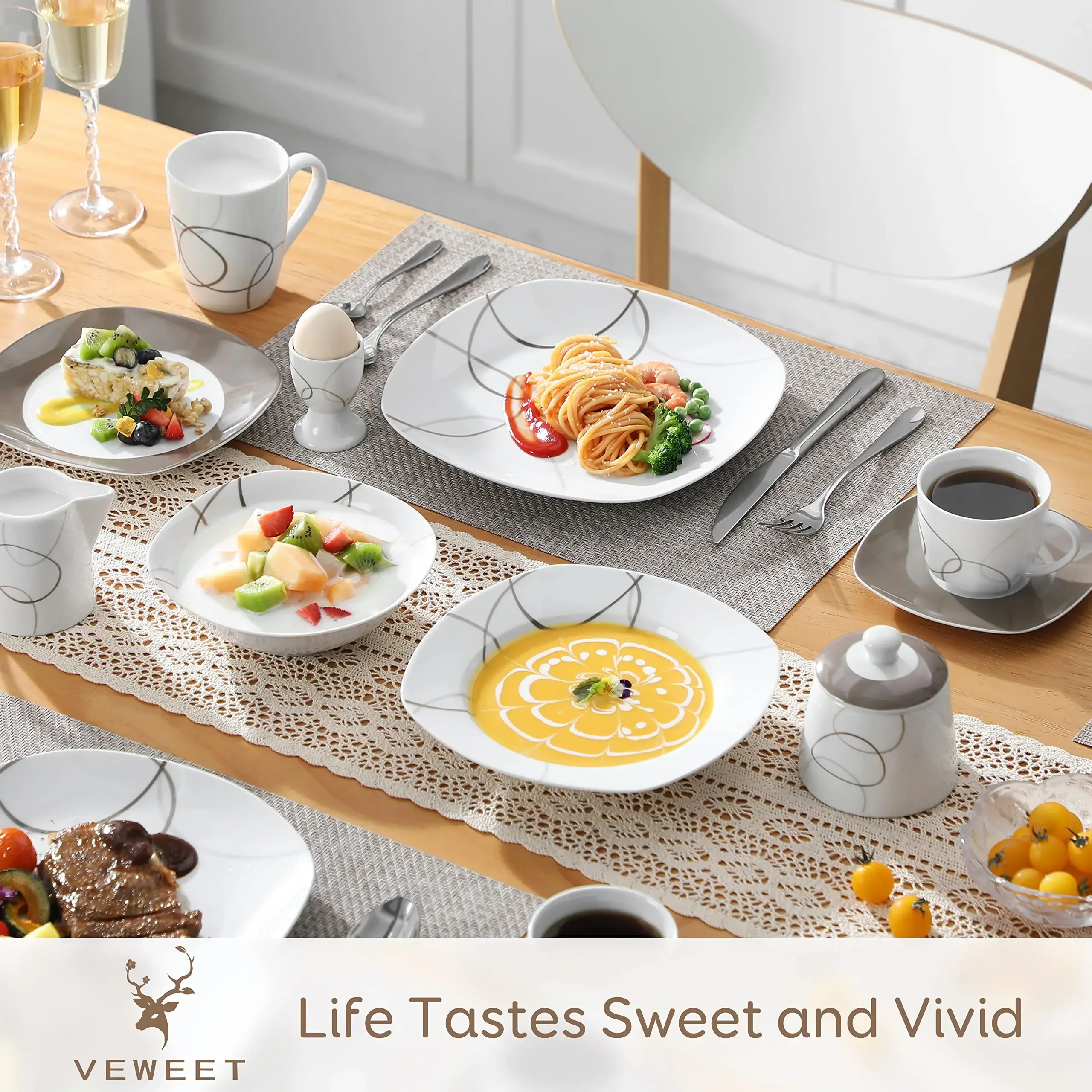 

Набор посуды VEWEET из серии Nikita из 50 предметов, 6 предметов, включая фарфоровые тарелки, чаши, кружки, чашки для яиц, чашки и блюдца Se