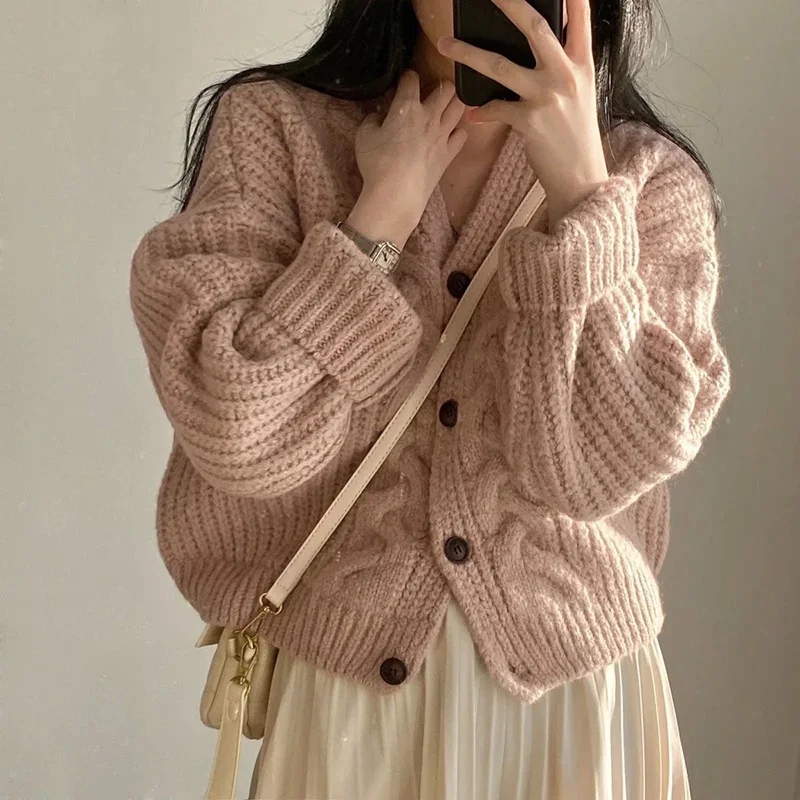 

Rimocy Twisted Knitted Sweater Women Lazy Style Loose Single Breasted Cardigan Woman Autumn Winter Korean V Neck Cardigans Coat