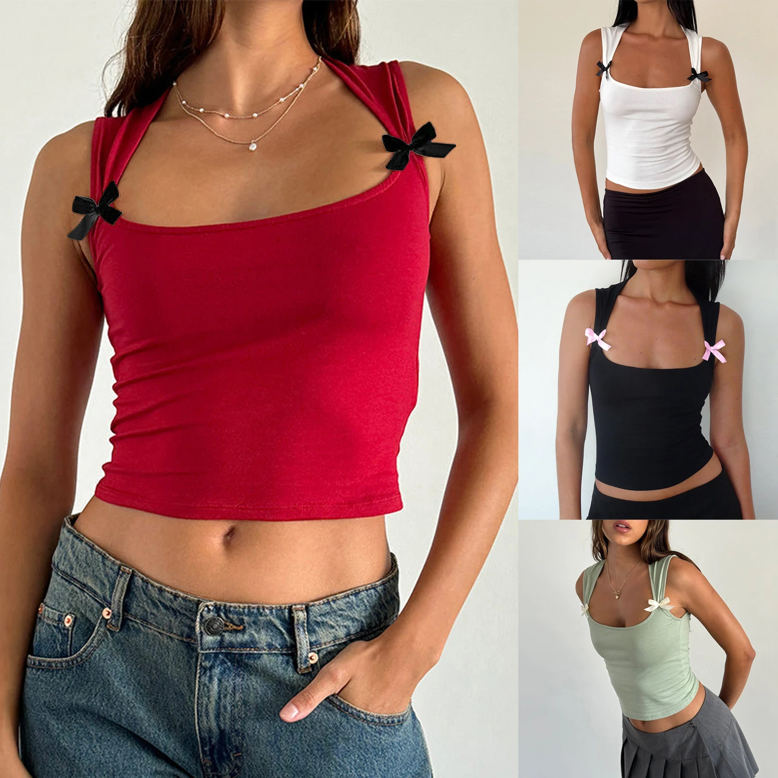 

Summer Women‘s Fashion Tank Tops Bow Embellished Sleeveless Vests Slim Fit Crop Tops Streetwear