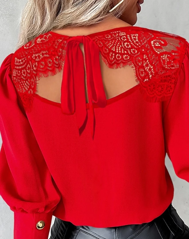 

Woman Eyelash Lace Patch Tied Detail Fashion O-Neck Top 2023 New Winter Gigot Sleeve T-Shirt Blouses Female Casual Clothing