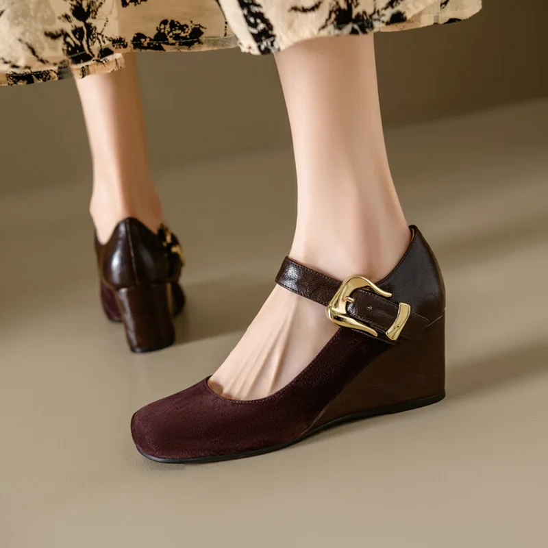 

Phoentin women's sheep suede mary janes shoes retro wedges high heels elegant buckle strap pumps square toe brown shoes FT3408