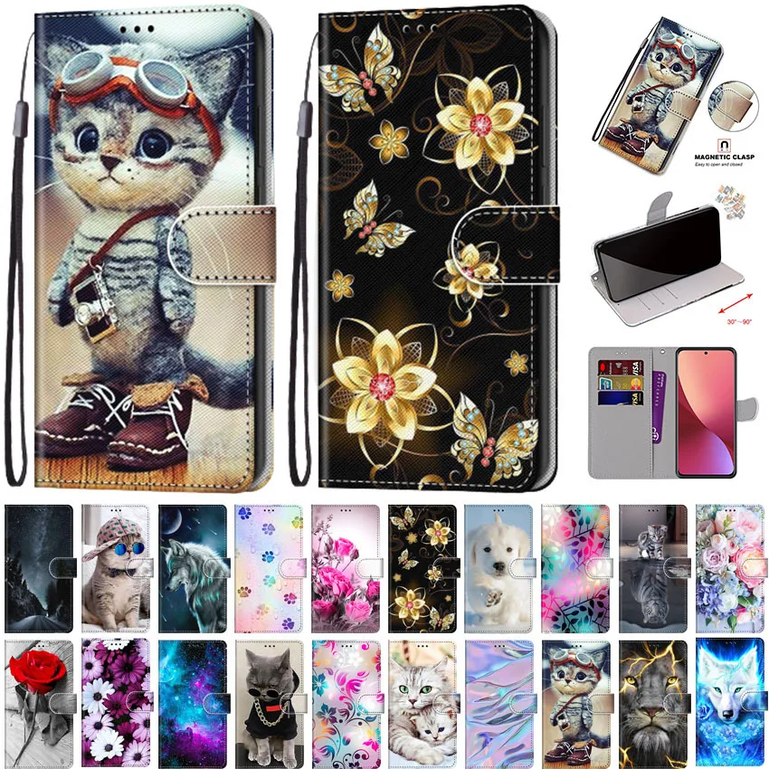 

Fashion Flip Book Case For Redmi 6 6A 7 7A 8 8A 9 9A 9C 9T 10A 10C Colorful Painted Stand Animal Flowers Wolf Cat Dog on Cover