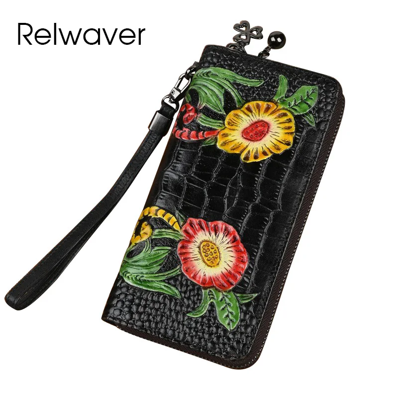

Relwaver women wallet genuine leather wallet 2024 spring summer Chinese style floral embossing zipper purse long clutch bag