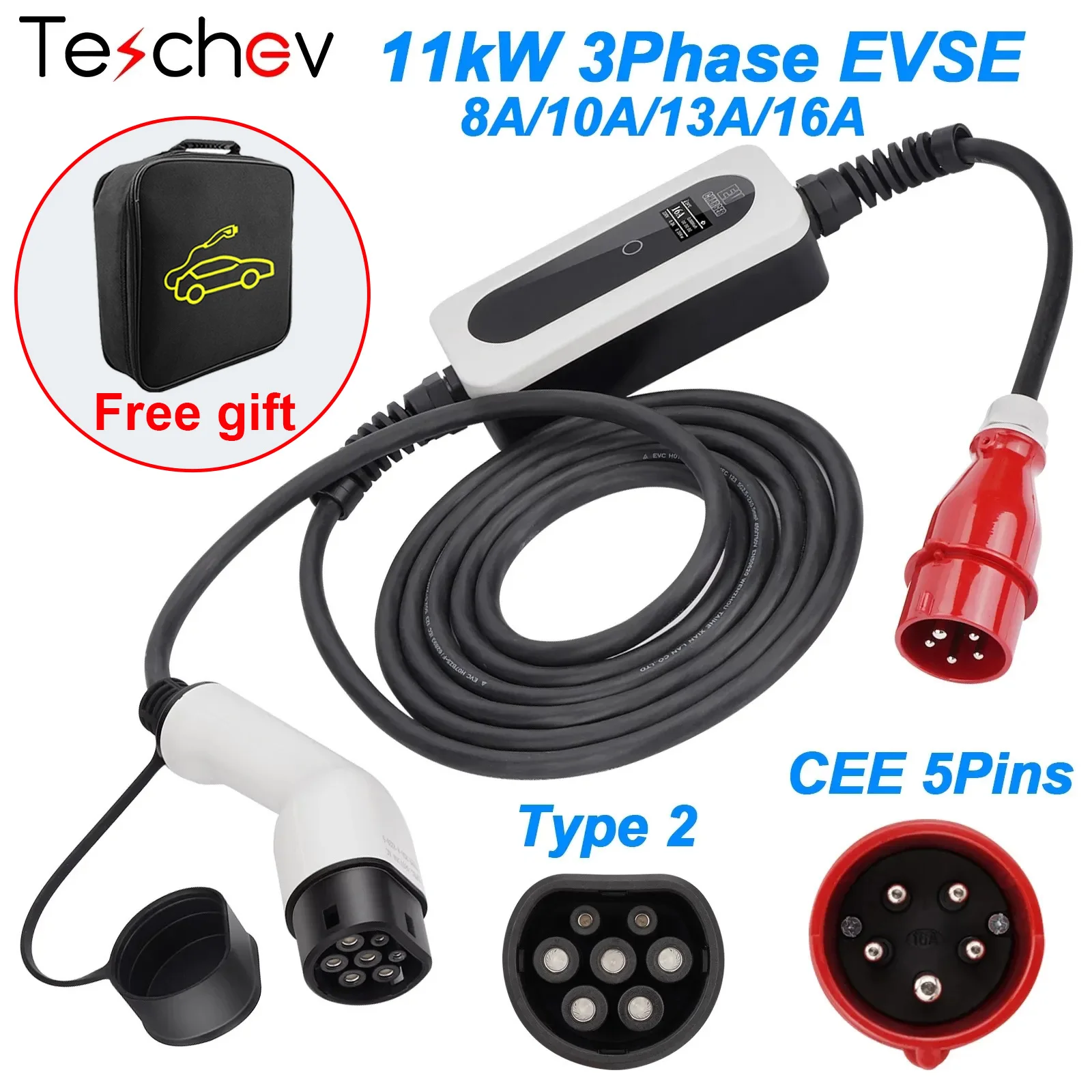 

Teschev 11kw Ev Charger Type2 3 Phase 16A IEC 62196 CEE Red Plug Portable Charger Fast Charging EVSE Electric Vehicles Cable
