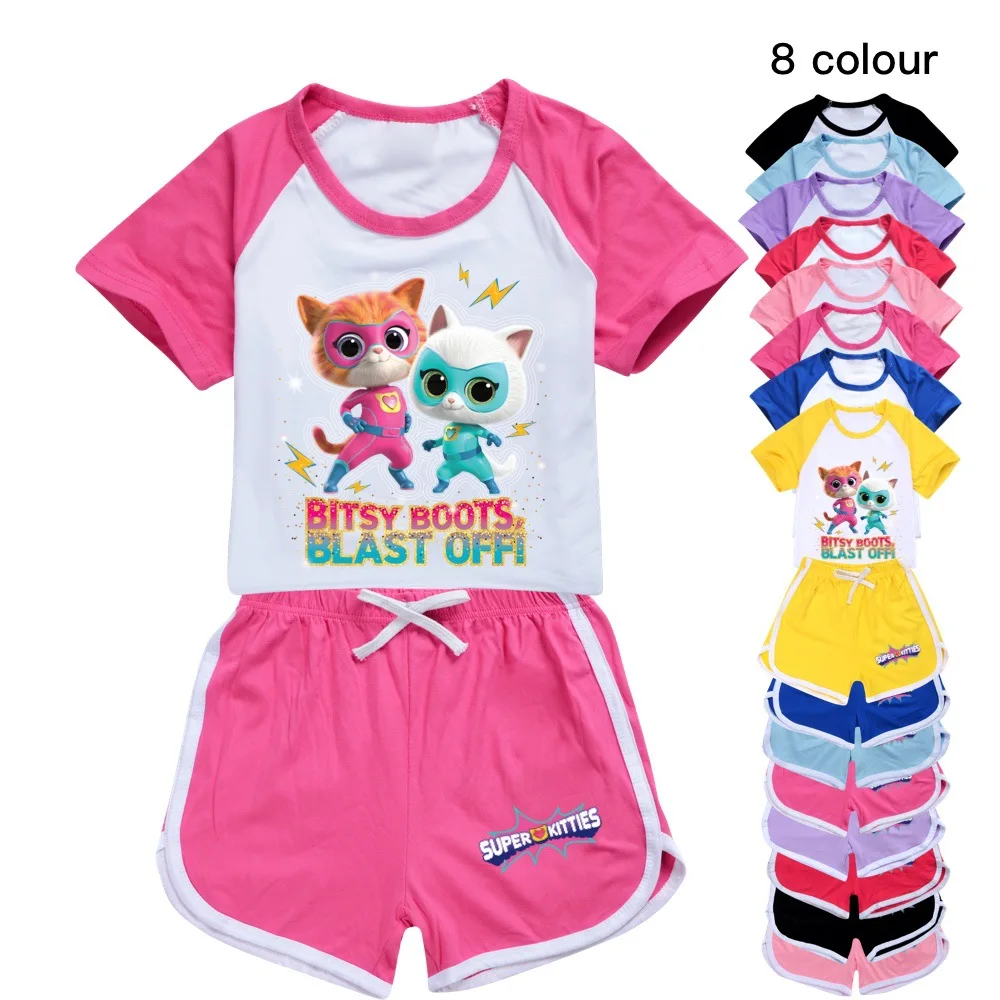 

Kawaii Superkitties Costume Kids Super Cats T-shirt Baby Girls Summer Short Sleeve Tops Shorts 2pcs Sets Boys Casual Sportsuits