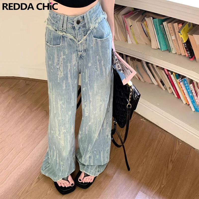 

ReddaChic Frayed Y2k Pants for Women Wide Leg High Waist Trousers Straight Raw Edge Ripped Baggy Jeans Vintage Korean Streetwear