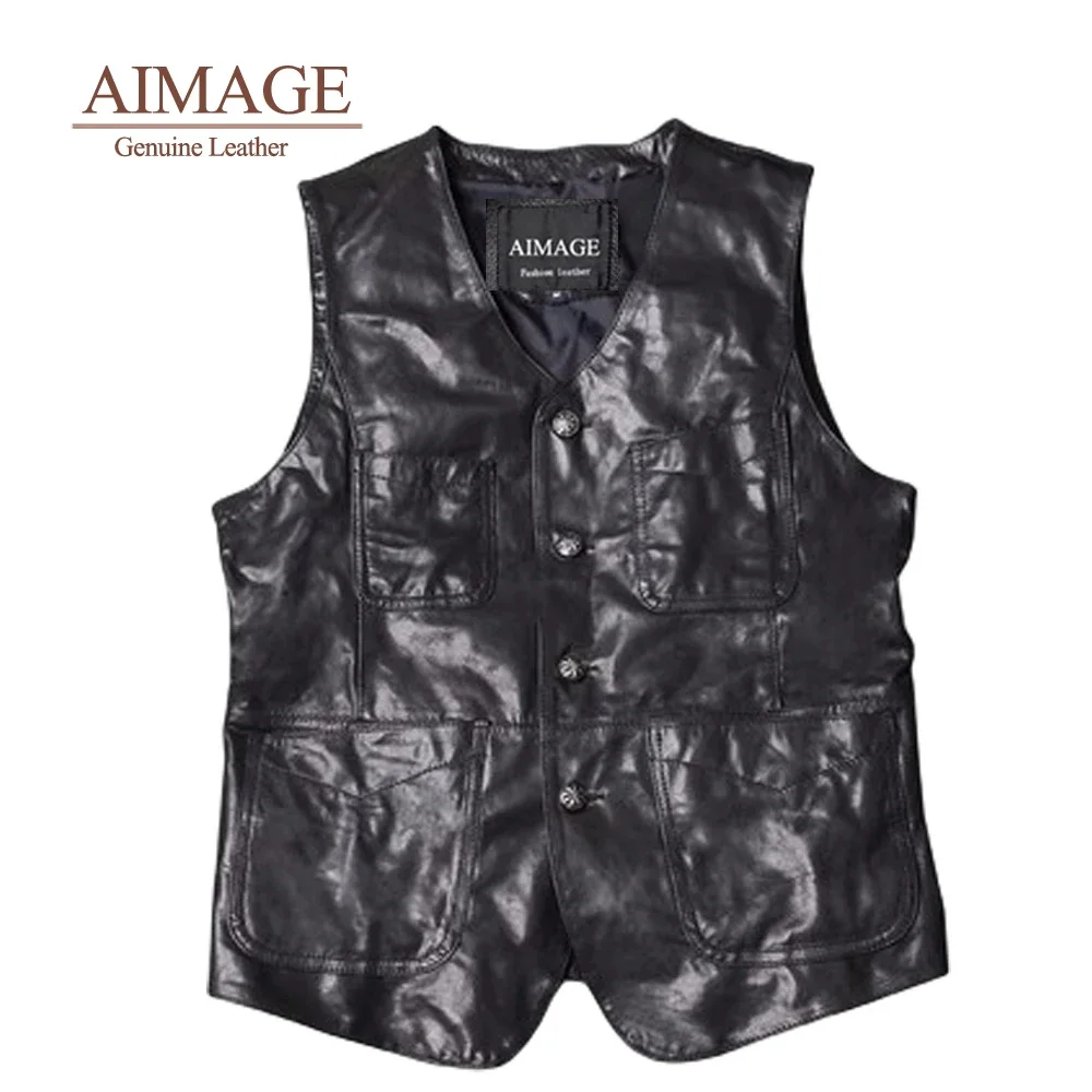 Men Real Leather Vest V Collar Classic Motociclistas masculina Sleeveless Jackets Sheepskin Povkets Overcoats PY417
Men Real Leather Vest V Collar Classic Motociclistas masculina Sleeveless Jackets Sheepskin Povkets Overcoats PY417