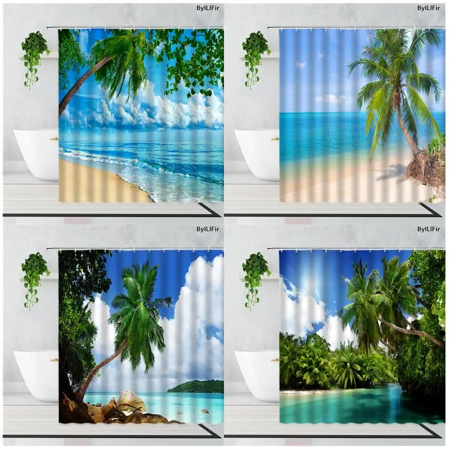 

Coconut Trees Beach Shower Curtains Ocean Tropical Plants Palm Tree Nature Scenery Fabric Bathroom Curtain Decor Sets with Hooks