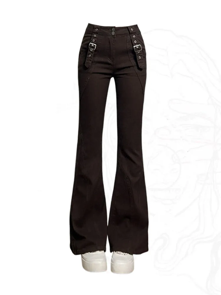

American Retro Y2K Flare Jeans Grunge Low Waist Slim Pant Punk Gyaru Fashion Brown Denim Trousers Hiphop High Street New Design