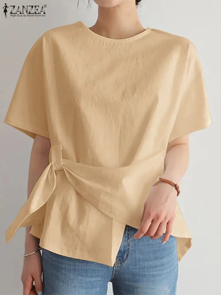 

ZANZEA Women Designer Tees Blouse Asymmetrical Short Sleeve Tops 2024 Summer Fashion Round Neck Tunic Holiday Casual Solid Blusa