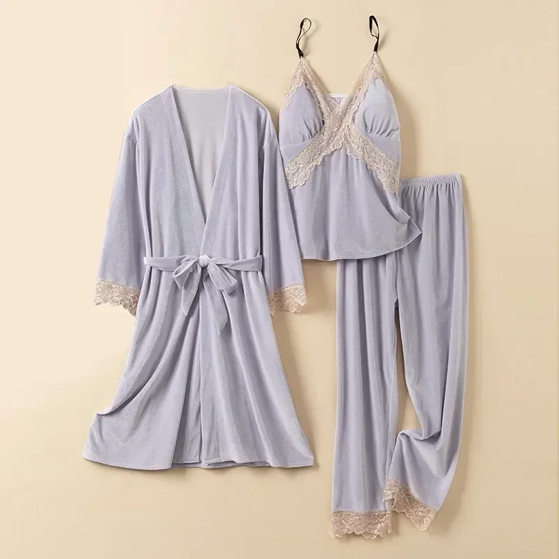 

Pajamas Loungewear Suit Nightwear Lace Three Cami&pant&bathrobe Sleepwear Women Velvet Warm Set Piece Pijamas Autumn Velour