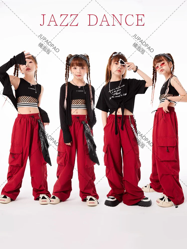 

New Jazz Dance Clothes Girls Cropped Tops Black Cardigan Red Cargo Pants Kids Hip Hop Performance Costume Group Outfit