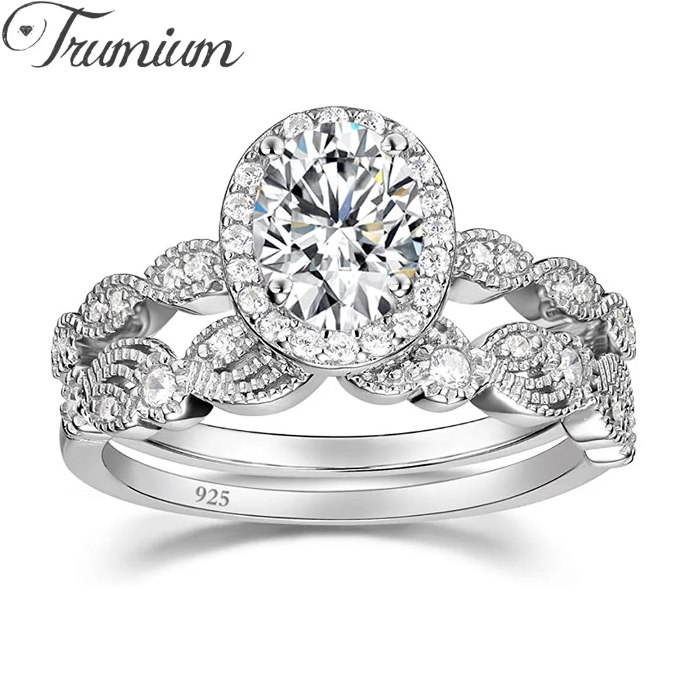 

Trumium 1.5CT 925 Sterling Silver Bridal Rings Sets Oval Cubic Zirconia CZ Engagements Rings Wedding Bands for Women
