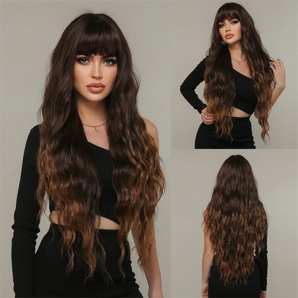

Ombre Dark Brown Curly Wigs with Bangs for Black Women Long Wavy Synthetic Cosplay Hair Wig Heat Resistant Fibre Afro Daily Wig
