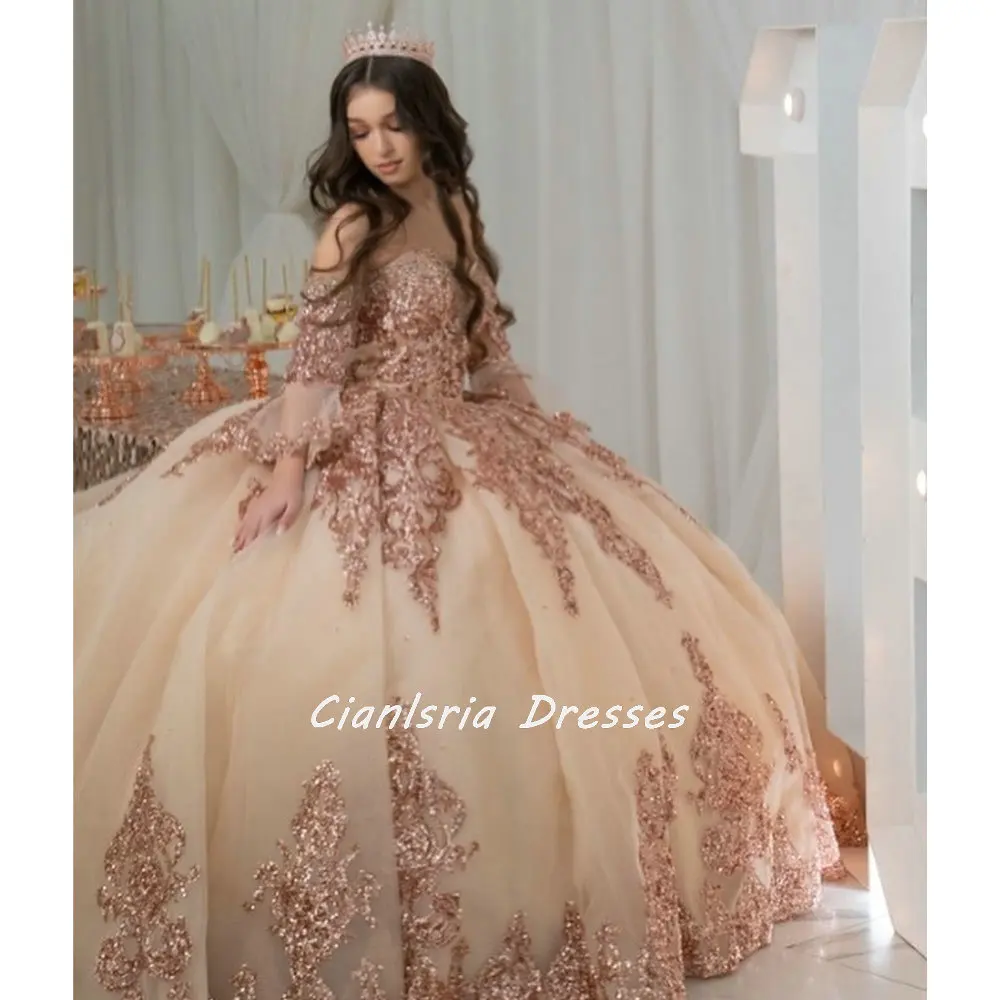 

Champagne Long Sleeve Sequined Appliques Lace Quinceanera Dresses Ball Gown Off The Shoulder Ruffles Corset Vestidos De XV Años