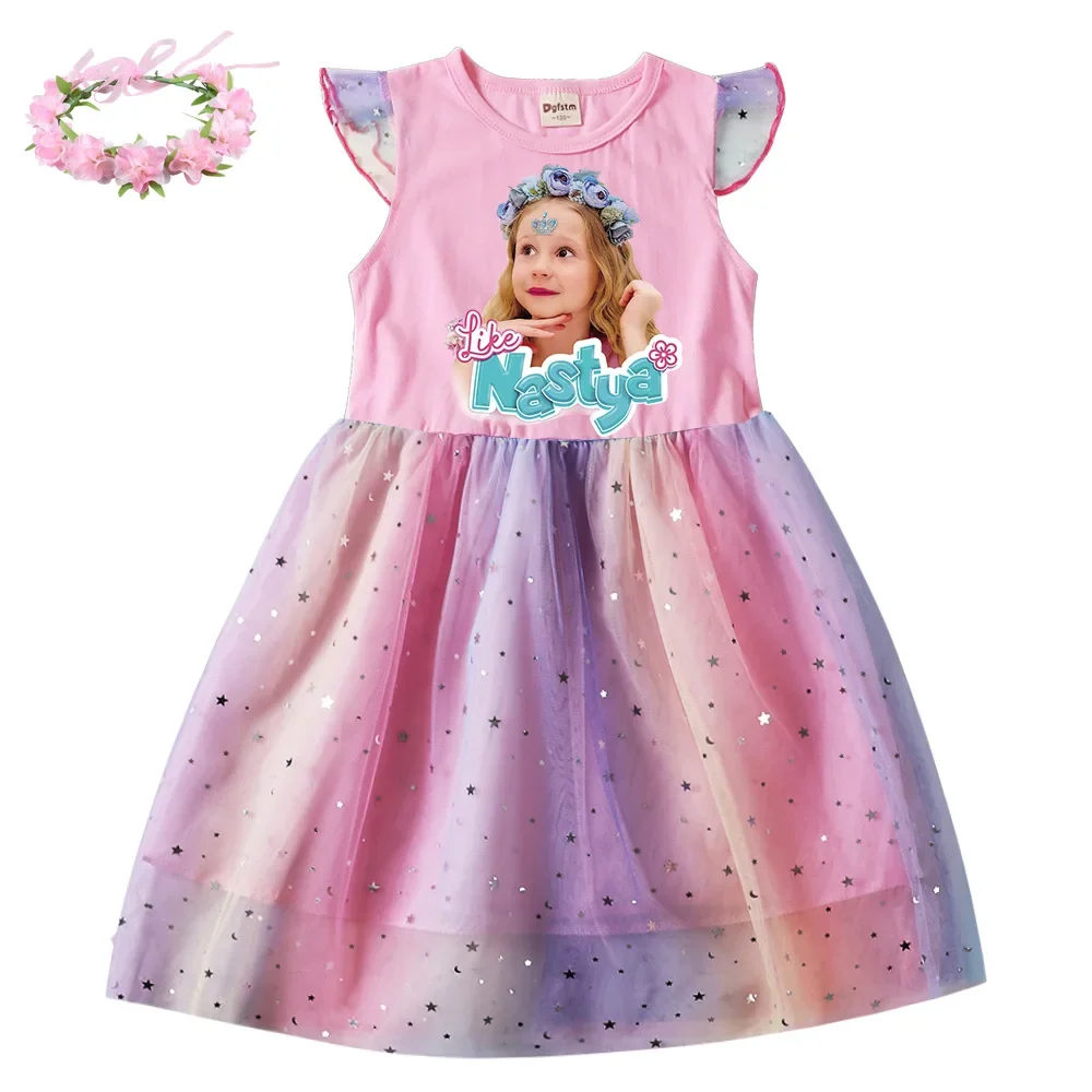 

Lovely Show Like Nastya Clothes Kids Short Sleeve Casual Dresses Baby Girls Lace Dress & Wreath Children Wedding Party Vestidos