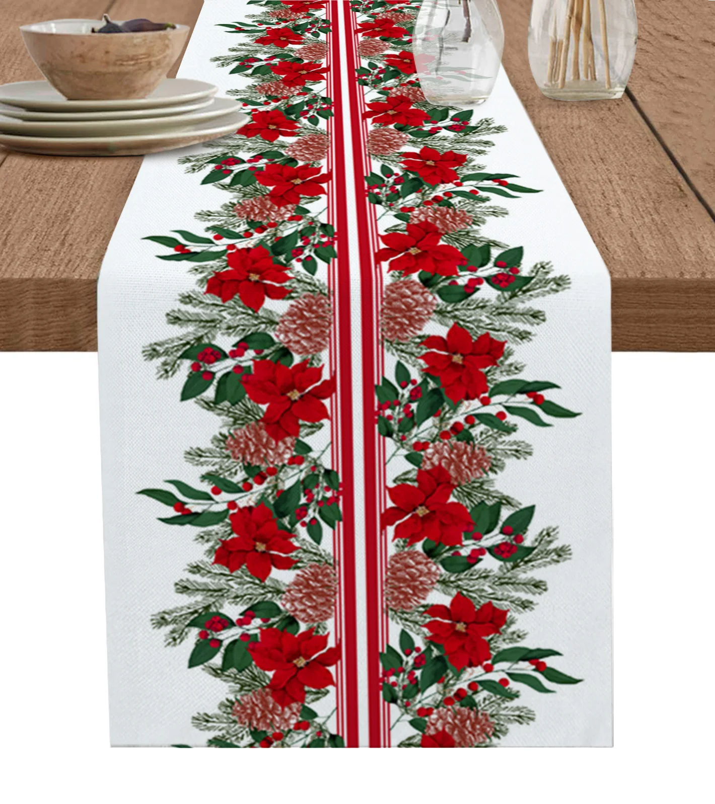 

Merry Christmas Poinsettia Pine Needles Table Runner Holiday Party Decoration Dining Table Runner Wedding Decoration Tablecloth