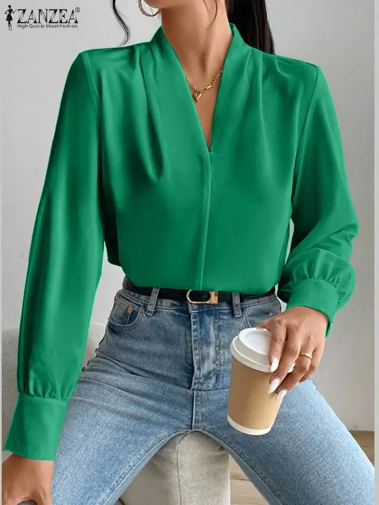 

ZANZEA Women V-neck Shirts Fashion Solid Color Tops Tunic 2023 Autumn Long Sleeve Blouses Vintage OL Pleating Blusas Oversized