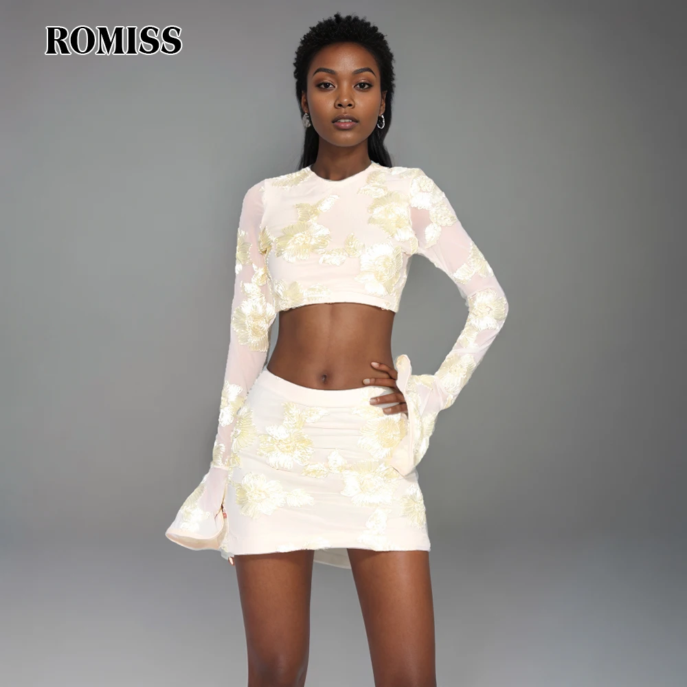 

ROMISS Spliced Appliques Two Piece Sets For Women Round Neck Flare Sleeve Tops High Waist A Line Mini Skirts Elegant Set Female