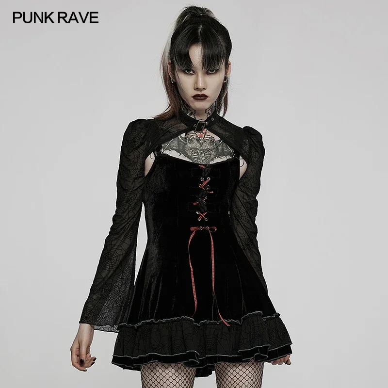 

PUNK RAVE Women's Gothic Two-piece Velvet and Spider Splice Dress Girls Short Coat Sexy Black Slip Dresses Spring/Autumn