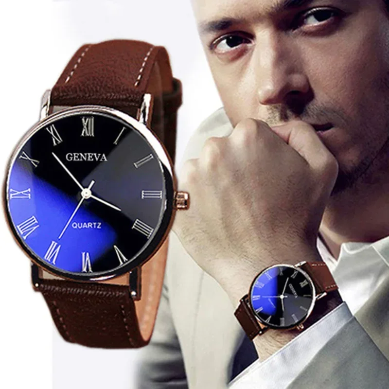 

Geneva Men Watch Roman Numerals Blu-Ray Faux Leather Band Quartz Wristwatches Analog Business Wrist Watch Sale Relogio Masculino