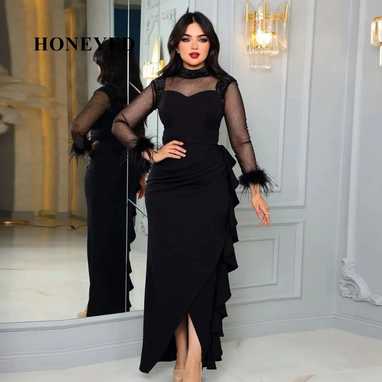 Honeyed 2023 Arab Dubai Black Long Sleeves Prom Dress Lace With Feather Evening Summer Elegant Party Dress For Women 2023
Honeyed 2023 Arab Dubai Black Long Sleeves Prom Dress Lace With Feather Evening Summer Elegant Party Dress For Women 2023