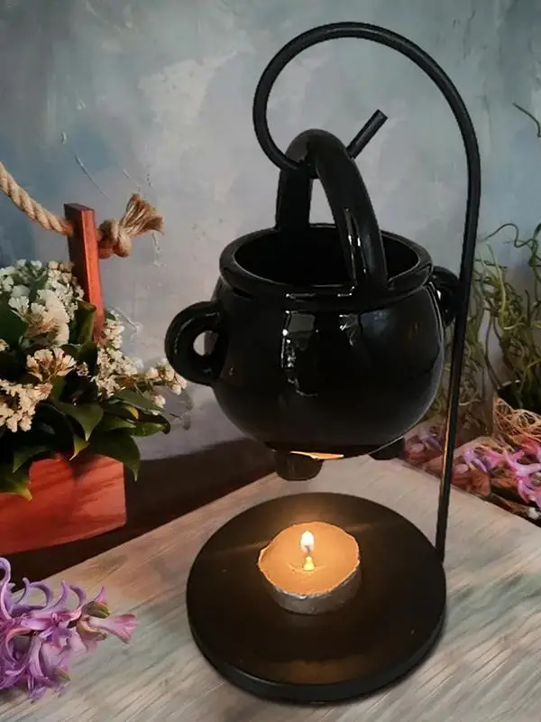 

Cauldron Wax Burner Halloween Ornament Tealight Candle Holder Witches Witchcraft Black Aroma Diffuser Yoga Home Meditation Decor