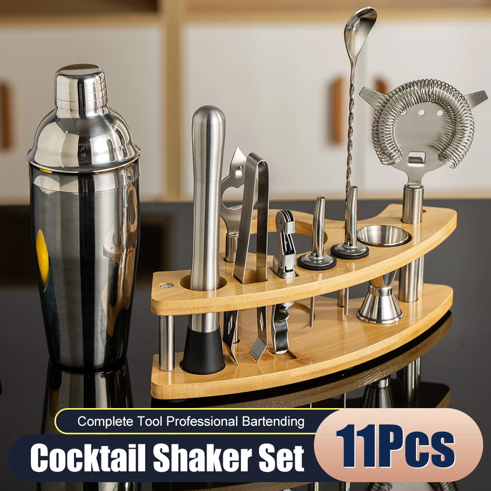 

11PCS/Set 750ml Stainless Steel Cocktail Shaker Set Bartender Kit Wine Drink Mixer Set With Wooden Rack Home Barware Tools
