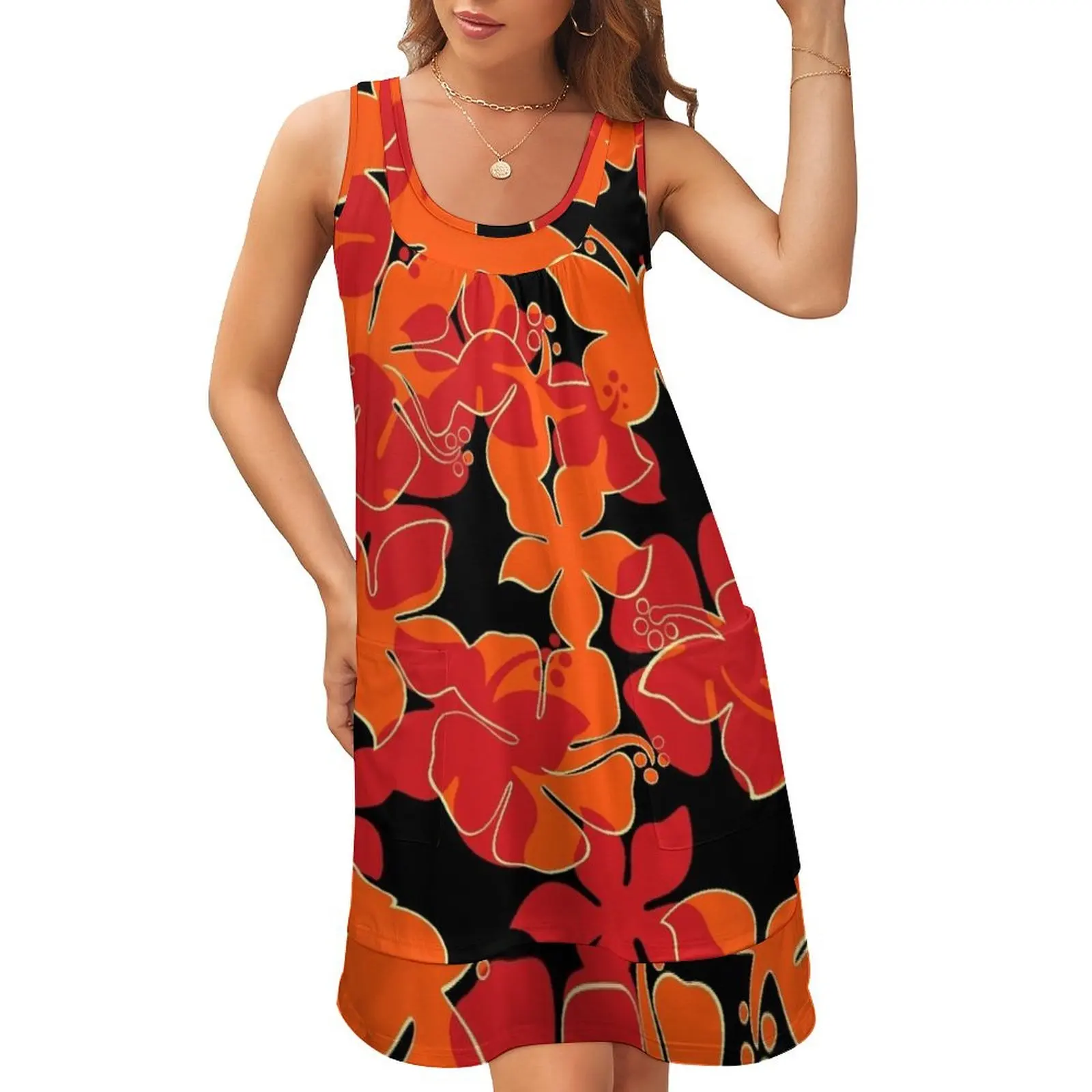 Гавайская Цветочная камуфляжная рубашка Hanalei с принтом алохи-красное, оранжевое и черное платье без рукавов с U-образным вырезом из двух частей 
Гавайская Цветочная камуфляжная рубашка Hanalei с принтом алохи-красное, оранжевое и черное платье без рукавов с U-образным вырезом из двух частей