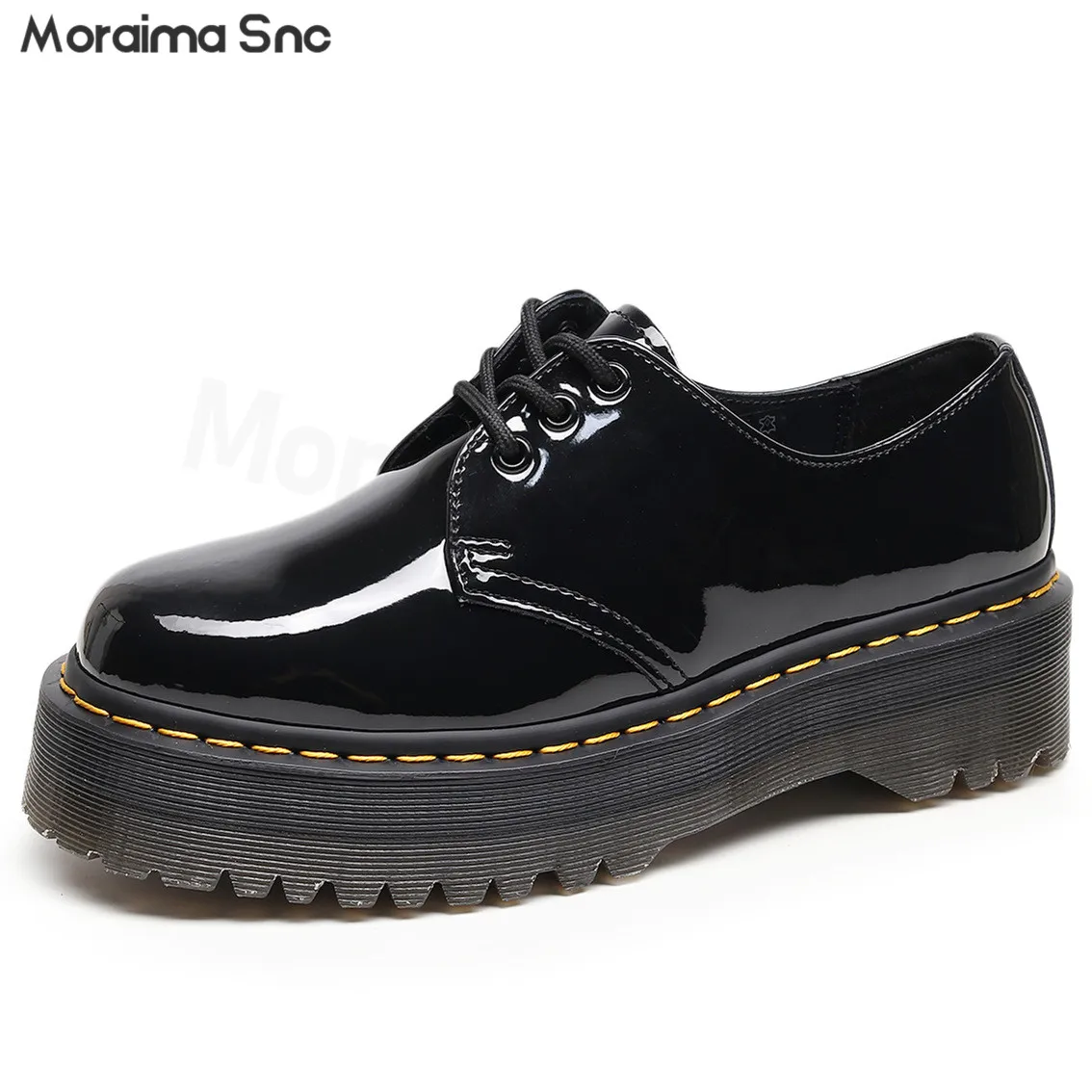 

Black Patent Leather Platform Leather Shoes Mirror Round Toe Low-Heeled Lace-Up Shoes Large Size Fashionable Casual Women's Shoe
