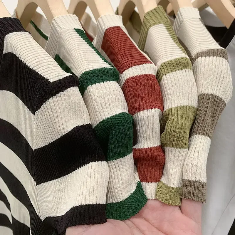 T-shirt à manches courtes à rayures pour femmes, t-shirts vintage coréens, pull décontracté tout match, mode estivale 5