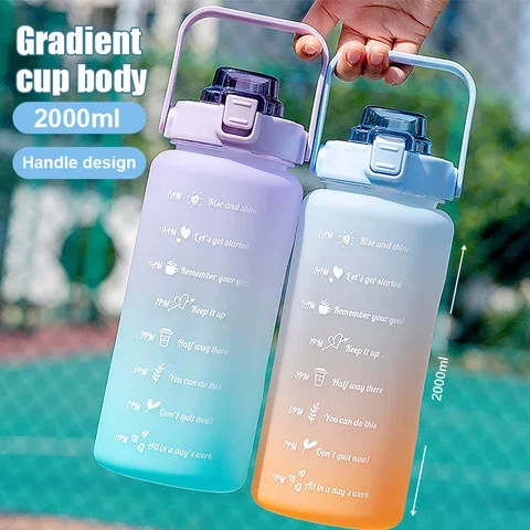 

Large Capacity 2 Liter Free Motivational Fitness Jugs with Time Marker Gradient Color Plastic Cups Frosted Outdoor Water Bottle