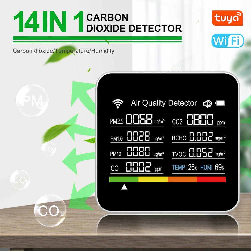 Indoor Air Quality Monitor 14 In 1 Air Quality Tester WiFi APP Control 2.8" Display for CO2 CO TVOC HCHO PM2.5 PM1.0 PM10 Temp
Indoor Air Quality Monitor 14 In 1 Air Quality Tester WiFi APP Control 2.8" Display for CO2 CO TVOC HCHO PM2.5 PM1.0 PM10 Temp