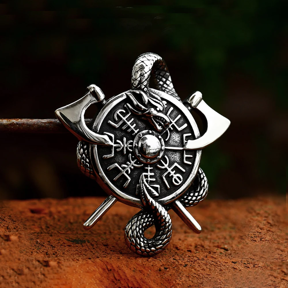 

New Fashion Creative Viking Snake Necklace Punk Retro Compass Double Ax Men's Pendant Motorcycle Amulet Jewelry Gift Wholesale