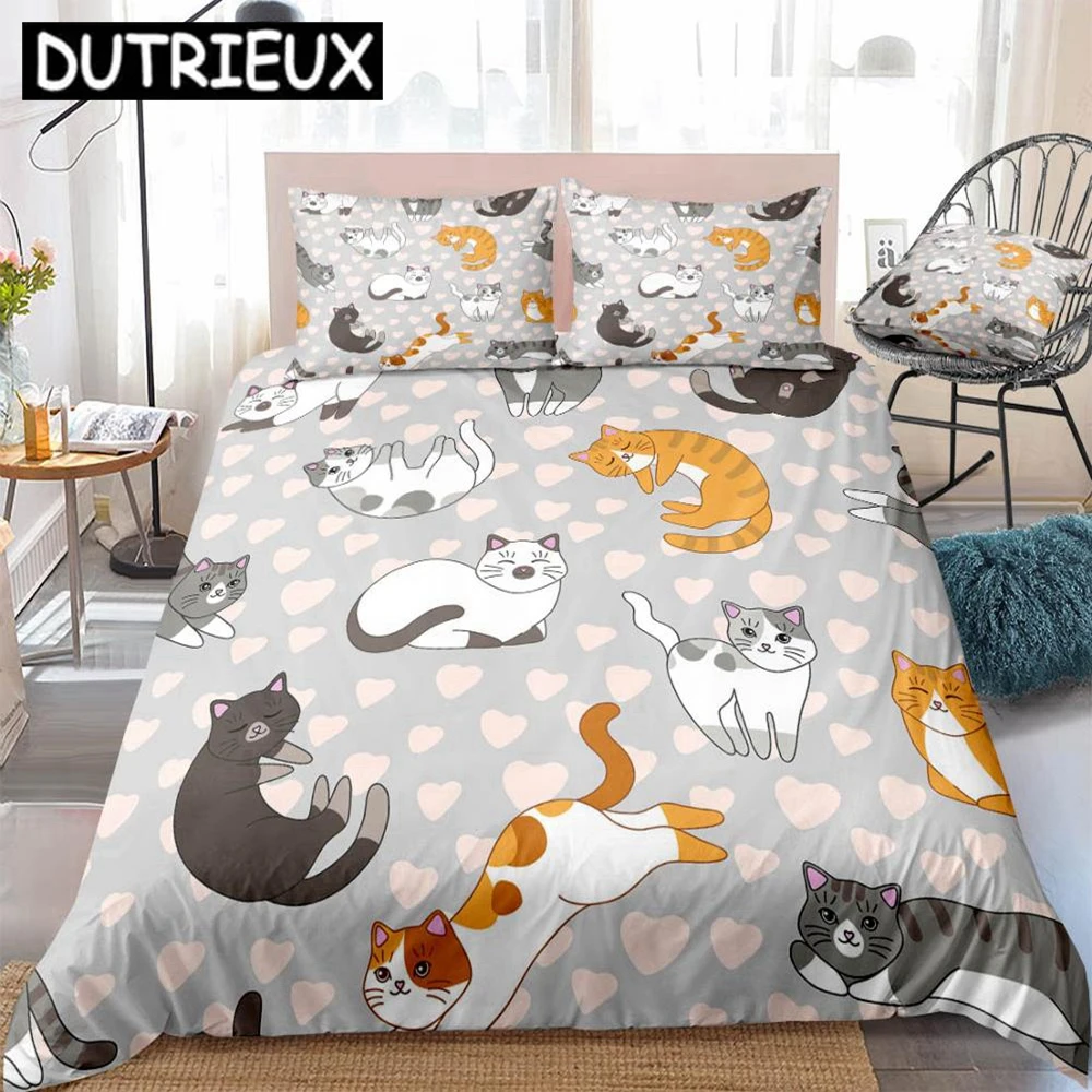 

Cat Bedding Sets Pink Love Duvet Cover Set Queen Cartoon Bedclothes Animal Bed Set Pet Bed Linens 3pcs Bedding For Kids Dropship
