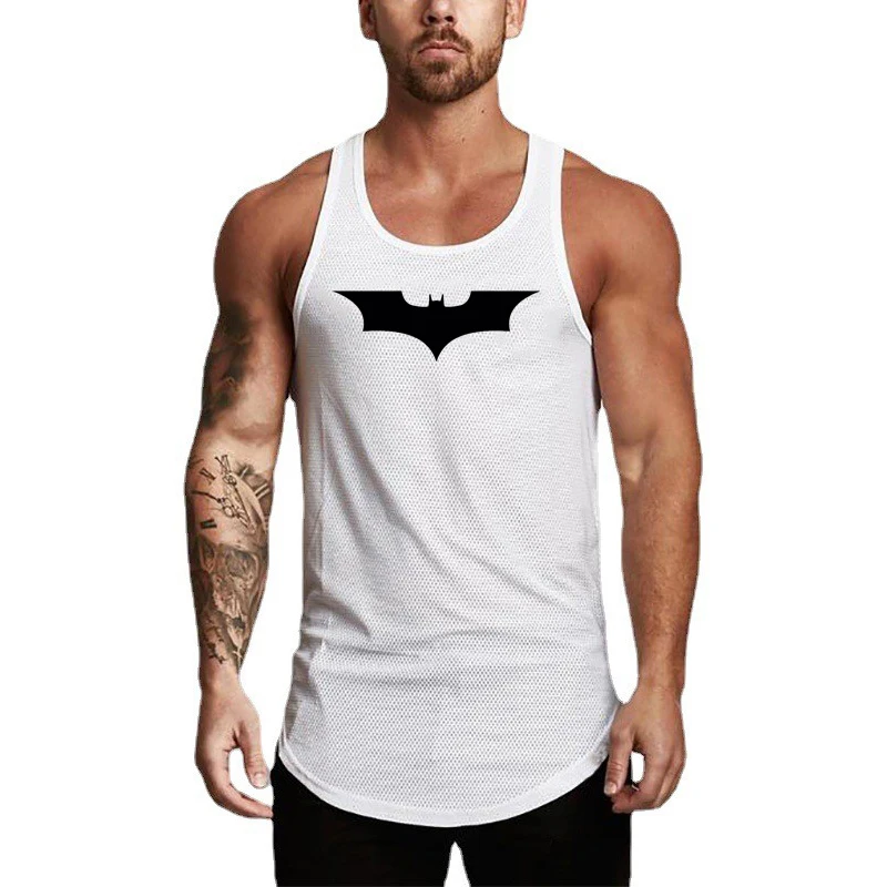 

Black Bat Print Mens Sport Sleeveless T-Shirt Mesh Breathable Quick Dry Fitness Tank Tops Gym Bodybuilding Muscle Slim Fit Vests
