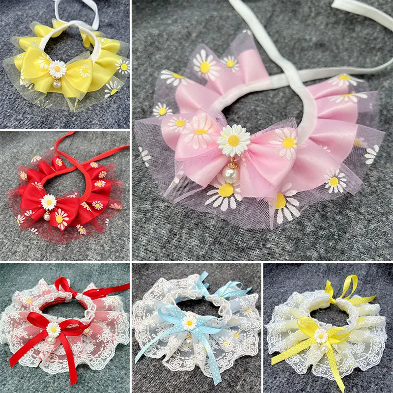 

1PC Lace Pet Wreath Cat Necklace Pets Accessory Cat Bib Dog Collar Lace Scarf Bow Sweet Pearl Bell Pendant Dog Saliva Towel