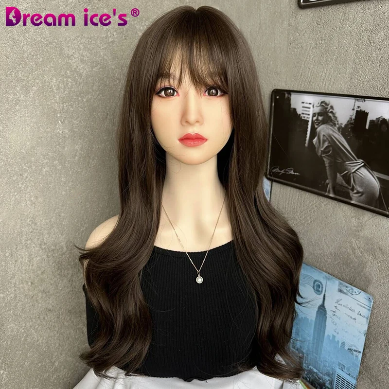 

Dark Brown Long Wavy Hair For Women Middle Part Synthetic Wig With Bangs Natural Looking Hair Wig Heat Resistant Daily Party Wig