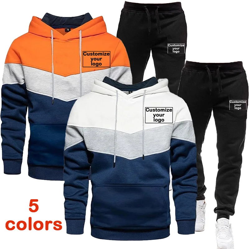 

Sportswear men's casual hoodie and pants two-piece set customize your jogging tri color patchwork long sleeved hooded set s-4XL