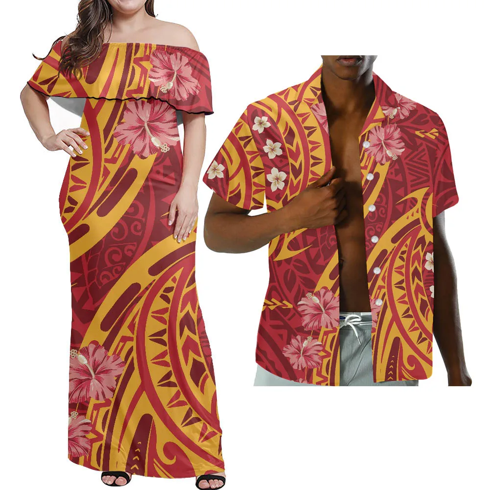 

HYCOOL Orange-red Off Shoulder Ruffle Dress Polynesian Tribal Hawaii Maxi Dresses Women Elegant Summer Couple Matching Clothing