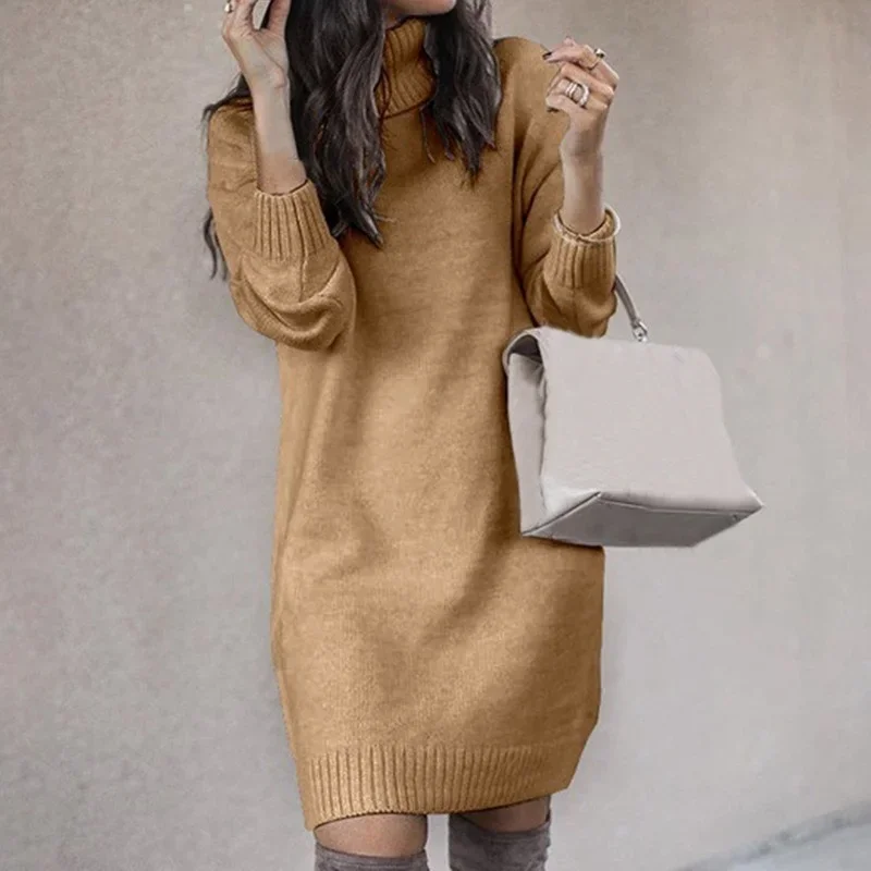 

Women Fall Winter Loose Long Tunic Knitted Pullover 2023 Turtleneck Long Sleeve Sweater Dress Casual Solid Knit Sweater Dresses