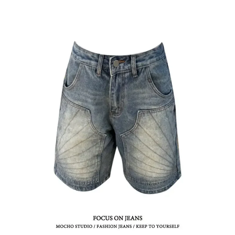 

American street big size washed and old split structure design sense five jeans women straight casual shorts tide 2024