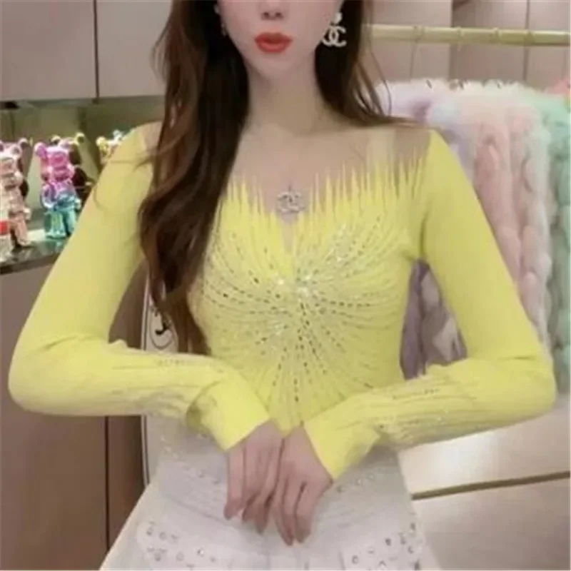 

Fall Winter Korean Clothes Knitted Mock Neck Sweaters Chic Sexy Spliced Mesh Diamonds Women Pullover Long Sleeve Drill Tops