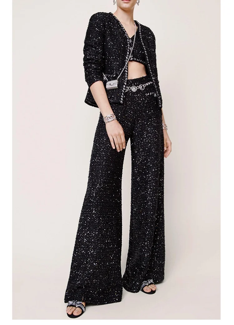 Spring Autumn Fashion Women's High Quality France Style Sequins Black Tweed Coat + Pants + Vest Tops C172
Spring Autumn Fashion Women's High Quality France Style Sequins Black Tweed Coat + Pants + Vest Tops C172
