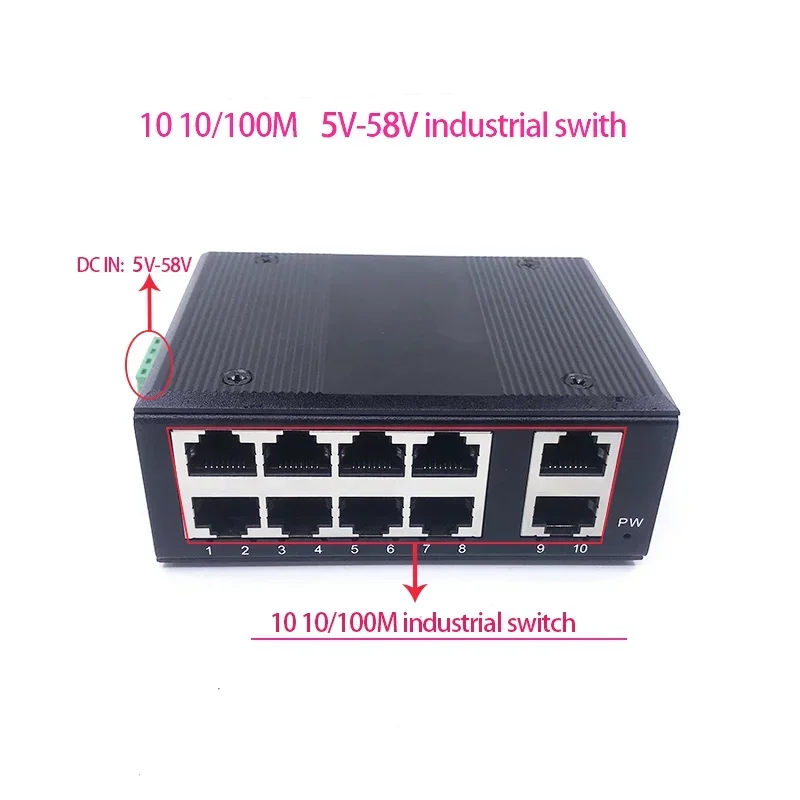 

Неуправляемый мини-порт 10/100 м 5 в-58 в 10 портов 100 м порт Промышленный ethernet-переключатель с защитой от молний 4 кВ, антистатический 4 кВ